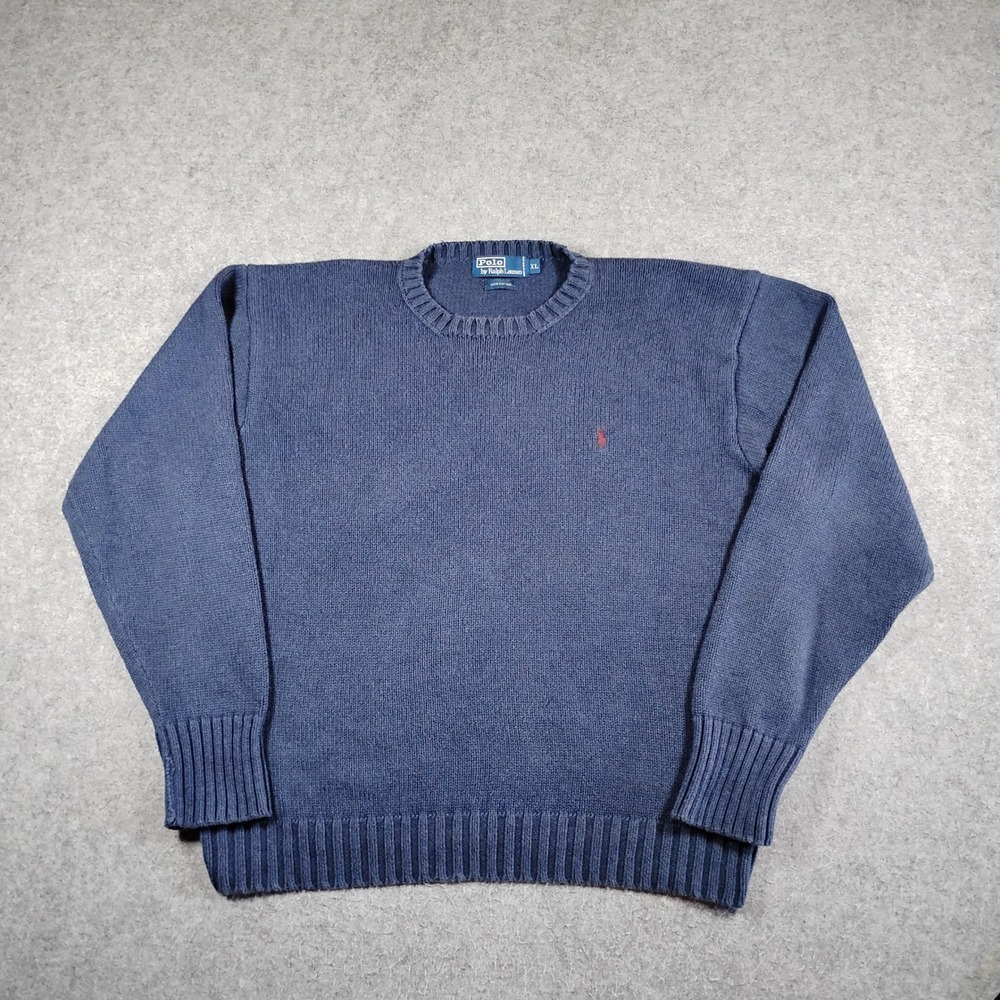 Polo Ralph Lauren Sweater Mens XL Blue Vintage Cotton Knit Crewneck Red Pony
